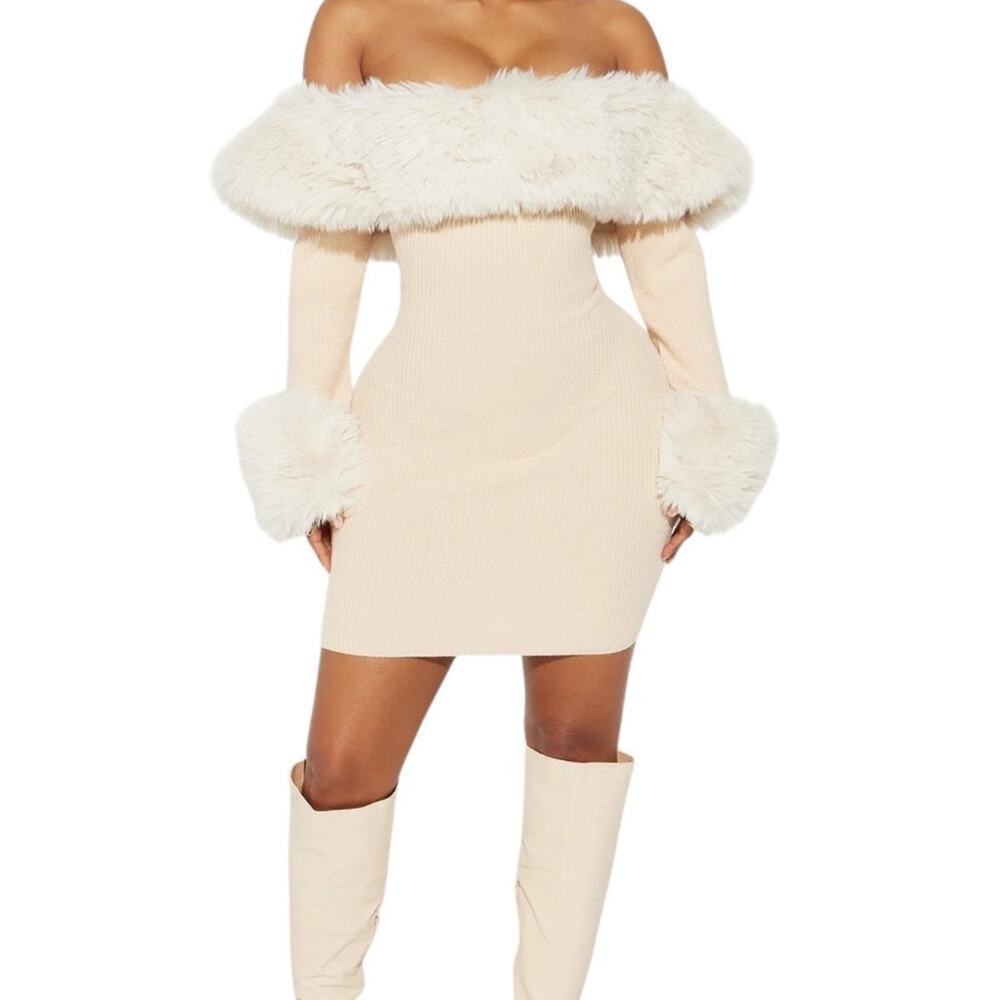 Fashion Nova Beige Off Shoulder Sweater Mini Dress Faux Fur Trim Large NWT